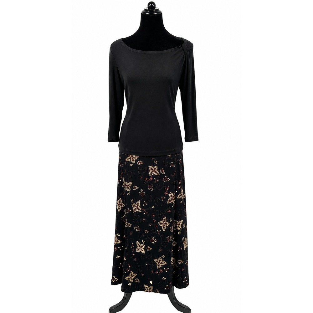 Christopher & Banks Womens Top Skirt Set Large Black Metallic Floral Travel Knit